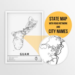 Printable Map of Guam with city names and roads - Instant Download \ Country Map \ Map Art \ Push Pin Map \ Travel Planner \ Guam Gift