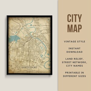 Mapa de estilo vintage imprimible de Shreveport, Luisiana - Descarga instantánea \ Mapa de calles \ Arte de la pared \ Cartel del mapa \ Estilo antiguo \ Impresión de mapas