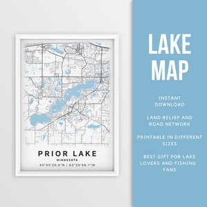 Mapa imprimible de Prior Lake, Minnesota, EE. UU. - Descarga instantánea \ Mapa del lago \ Cartel del mapa \ Decoración de la casa del lago \ LakeLife \ Pesca \ Paseos en bote