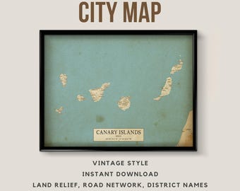 Carte de style vintage des îles Canaries, Espagne - téléchargement immédiat \ plan des rues \ art mural \ affiche de carte \ antiquité \ impression de carte \ carte de Ténérife