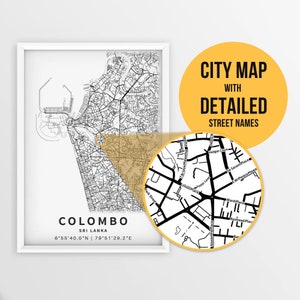 Mapa para impressão de Colombo, Sri Lanka com nomes de ruas - Download instantâneo \ Mapa da cidade \ Presente de viagem \ Cartaz da cidade \ Impressão de roteiro \ Arte do mapa