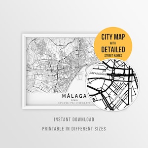 Malaga Spain Map with Street Names, Printable Malaga City Poster (Instant Download)