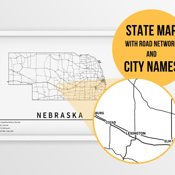 Nebraska State Map With Cities Etsy