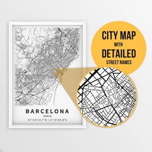 Carte imprimable de Barcelone, Espagne avec les noms de rue - téléchargement immédiat \ plan de la ville \ cadeau de voyage \ affiche de la ville \ impression de carte routière \ art mural