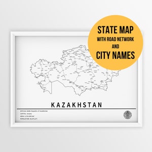 Carte imprimable du Kazakhstan avec les noms des villes et des routes - téléchargement immédiat \ carte du pays \ impression de carte \ carte à épingles \ planificateur de voyage \ art mural