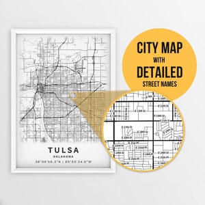 Druckbare Karte von Tulsa, Oklahoma, USA mit Straßennamen - sofortiger Download ~ Karte ~ ~ Karte ~ Strassenkarte ~ Poster ~ Strassenkarte ~ Kunst