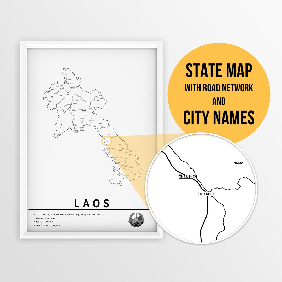 Printable Map of Laos With City Names and Roads Instant Download
