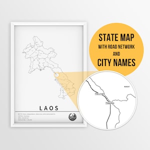 Carte imprimable du Laos avec les noms des villes et des routes - Téléchargement immédiat \ Carte de l'État \ Art de la carte \ Carte à épingles \ Planificateur de voyage \ Cadeau du Laos