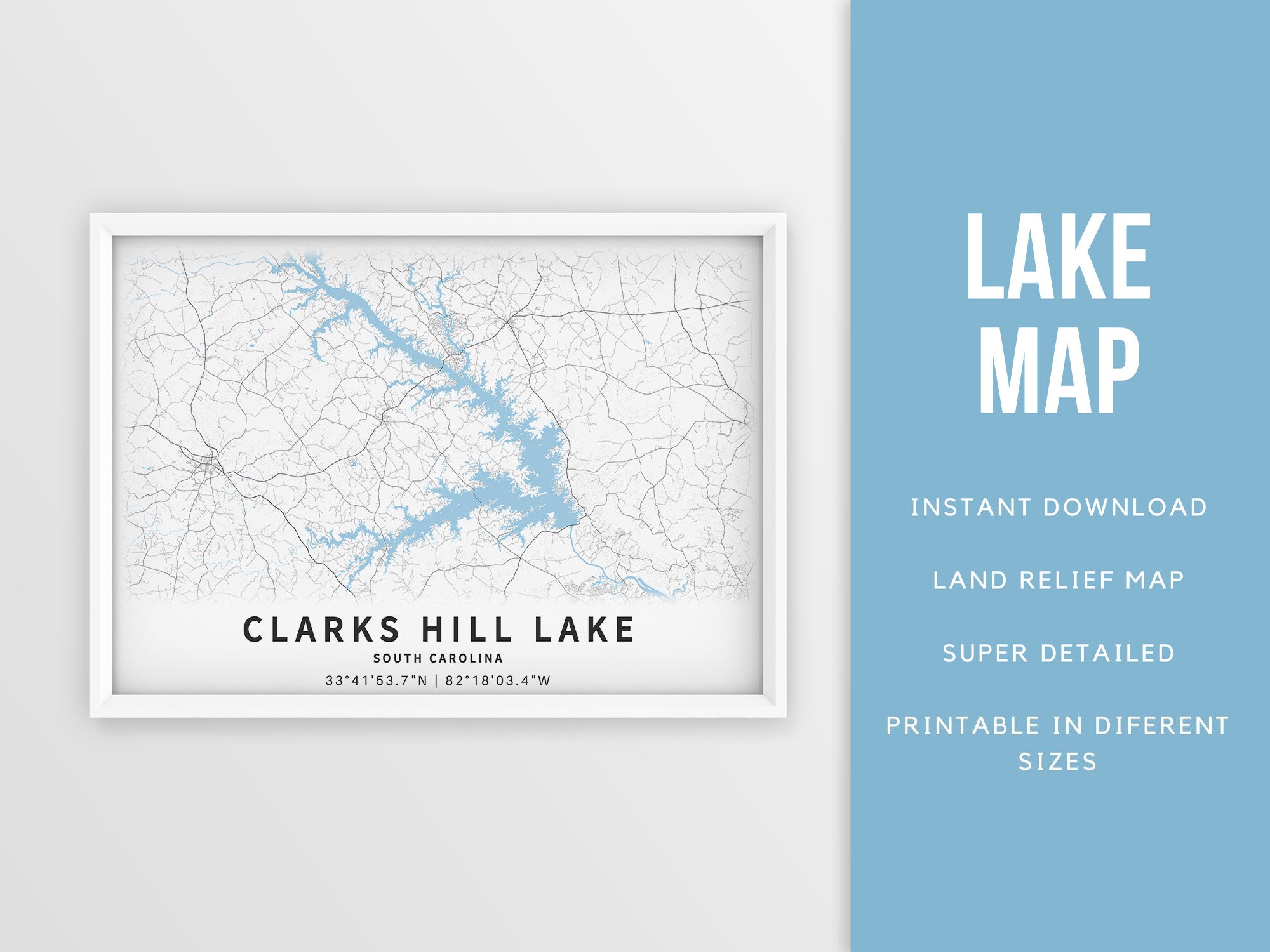 Printable Map of Clarks Hill Lake and South Carolina Etsy