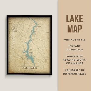 Mapa de estilo vintage de Lake Tillery, Carolina del Norte, EE. UU. con nombres de ciudades - Descarga instantánea \ Mapa del lago \ Arte de la pared \ Cartel imprimible \ Rústico