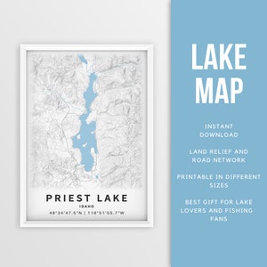 Mapa imprimible de Priest Lake Idaho, EE. UU. - Descarga instantánea \ Mapa del lago \ Cartel del mapa \ Decoración de la casa del lago \ LakeLife \ Pesca \ Paseos en bote