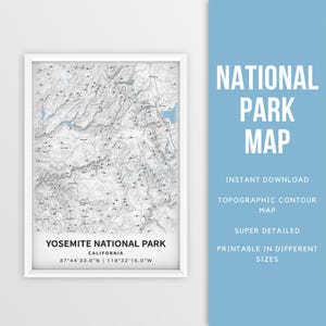 Carte imprimable du parc national de Yosemite, affiche de topographie de Californie - téléchargement immédiat \ carte des contours \ affiche de carte \ cadeau de randonneur \ carte de Yosemite