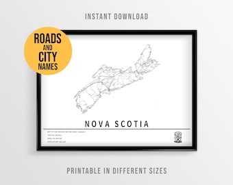 Nova Scotia Map Poster, Canada Road Map with City Names (Instant Download)