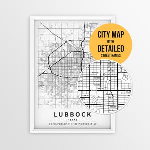 Mapa de Lubbock, Texas, com nomes de ruas, pôster da cidade de Lubbock para imprimir (download instantâneo)