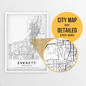 Carte imprimable d’Everett, Washington, États-Unis avec noms de rues - Téléchargement instantané \ Plan de la ville \ Cadeau de voyage \ Affiche de la ville \ Impression de carte routière