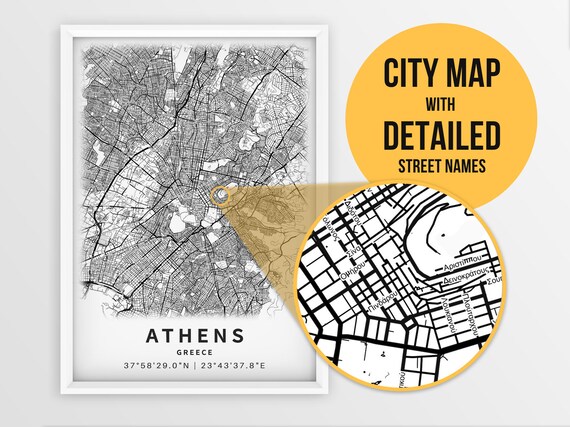 Printable Map of Athens Greece Αθήνα Mp Print With Street - Etsy