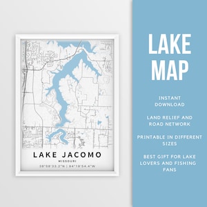 Mapa imprimible del lago Jacomo, Misuri, EE. UU. - Descarga instantánea \ Mapa del lago \ Cartel del mapa \ Decoración de la casa del lago \ LakeLife \ Pesca \ Paseos en bote