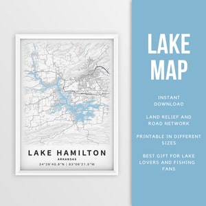 Mapa imprimible del lago Hamilton, Arkansas, EE. UU. - Descarga instantánea \ Mapa del lago \ Cartel del mapa \ Decoración de la casa del lago \ LakeLife \ Pesca \ Paseos en bote