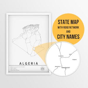 Carte imprimable de l'Algérie avec les noms des villes et des routes - Téléchargement immédiat \ Carte du pays \ Art de la carte \ Carte à épingles \ Planificateur de voyage \ Cadeau de l'Allemagne