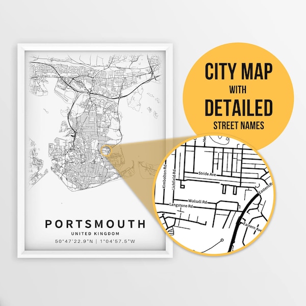 Printable Map of Portsmouth, New Hampshire, USA with Street Names - Instant Download \ City Map \ Travel Gift \ City Poster \ Road Map Print