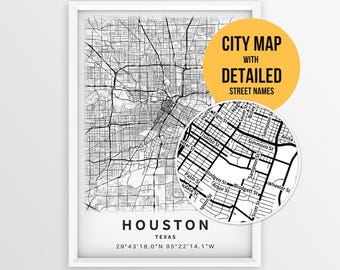 Houston Texas Map with Street Names, Printable Houston City Poster (Instant Download)