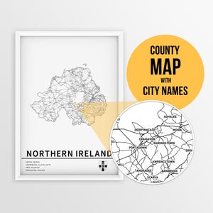 Afdrukbare kaart van Noord-Ierland met plaatsnamen en wegen - Instant Download \ State Map \ Map Art \ Push Pin Map \ Reisplanner