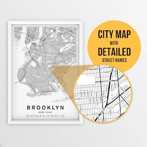 Mapa imprimible de Brooklyn, Nueva York, EE. UU. con nombres de calles - Descarga instantánea \ Mapa de la ciudad \ Regalo de viaje \ Póster de la ciudad \ Impresión de mapa de carreteras