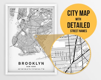 Carte imprimable de Brooklyn, New York, États-Unis avec les noms de rue - téléchargement immédiat \ plan de la ville \ cadeau de voyage \ affiche de la ville \ impression de carte routière