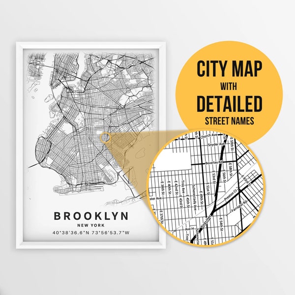 Printable Map of Brooklyn, New York City, USA with Street Names - Instant Download \ City Map \ Travel Gift \ City Poster \ Road Map Print