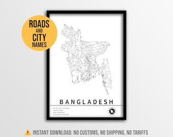 Póster del mapa de Bangladesh, mapa del sur de Asia imprimible con chinchetas y nombres de ciudades (descarga instantánea)