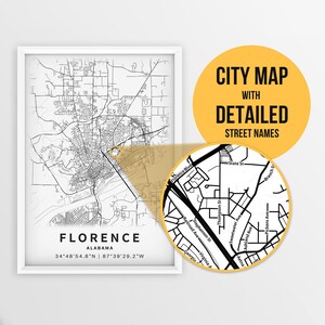 Mapa para impressão de Florença, Alabama, EUA com nomes de ruas - Download instantâneo \ Mapa da cidade \ Presente de viagem \ Cartaz da cidade \ Impressão de mapa de estradas