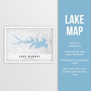 Mapa imprimible Lago Murray, Carolina del Sur - Descarga instantánea \ Mapa del lago \ Arte de la pared \ Cartel de pesca \ Decoración de la casa del lago \ LakeLife \ Paseos en bote