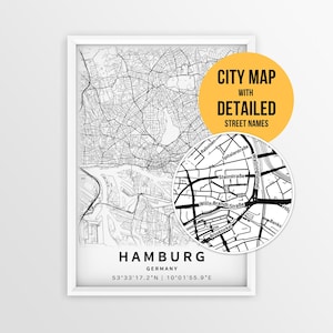 Karta över Hamburg, Tyskland med gatunamn, utskrivbar affisch över Hamburg (nedladdning direkt)