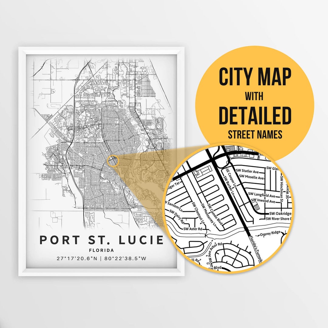 Printable Map of Port St. Lucie, Florida, USA With Street Names Instant Download City Map Travel