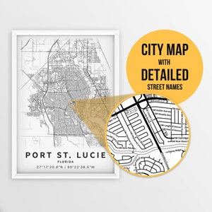 Afdrukbare kaart van Port St. Lucie, Florida, VS met straatnamen - Instant Download \ Stadsplattegrond \ Reiscadeau \ Stadsposter \ Routekaart afdrukken