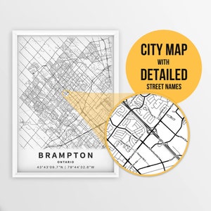 Carte imprimable de Brampton, Ontario, Canada avec les noms de rue - téléchargement immédiat \ plan de la ville \ cadeau de voyage \ affiche de la ville \ impression de carte routière
