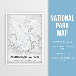 Carte imprimable du parc national des Arches, affiche de la topographie de l'Utah - téléchargement immédiat \ carte des contours \ affiche de la carte \ cadeau pour les randonneurs \ affiche des arches
