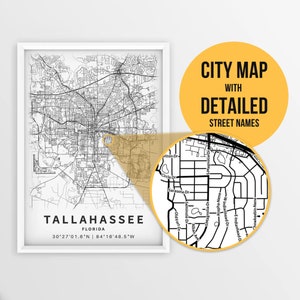 Afdrukbare kaart van Tallahassee, Florida, VS met straatnamen - Instant Download \ Stadsplattegrond \ Reiscadeau \ Stadsposter \ Routekaart afdrukken