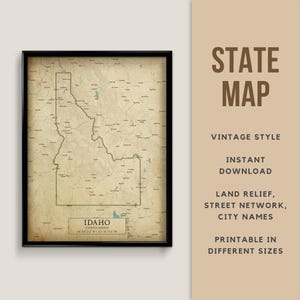 Idaho Printable Vintage Style Map poster - Instant Download, Road Map, Idaho Poster, Idaho Antique Style map, Boise Idaho map