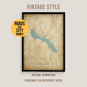 Bass Lake Vintage Style Map, Printable California Lake House Poster (Instant Download)
