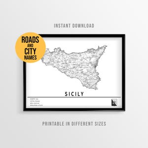 Sicily Map Poster, Printable Italy Island Road Map with City Names (Instant Download)