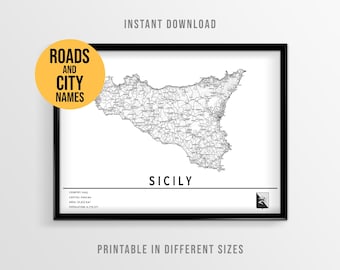 Sicily Map Poster, Printable Italy Island Road Map with City Names (Instant Download)