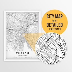 Druckbare Karte von Zürich, Schweiz mit Strassennamen - Sofort Download \ Stadt Karte / Reise Geschenk / Poster / Strassen Karte Print / Wand Kunst