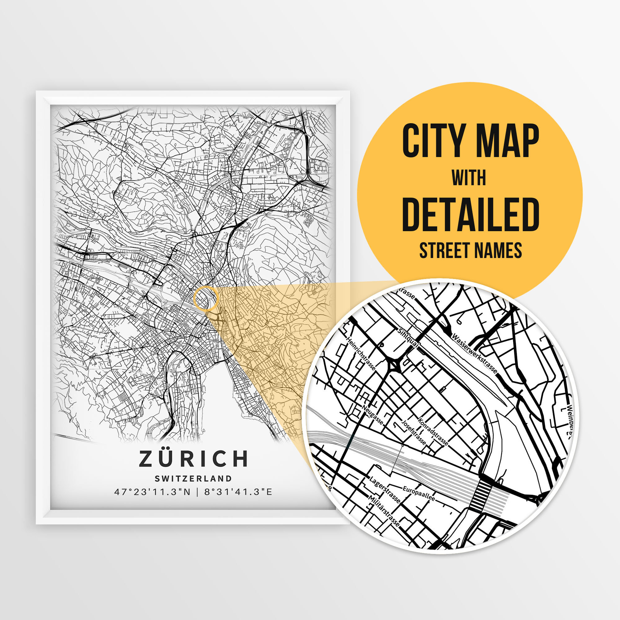 Printable Map of Zurich, Switzerland With Street Names - Instant