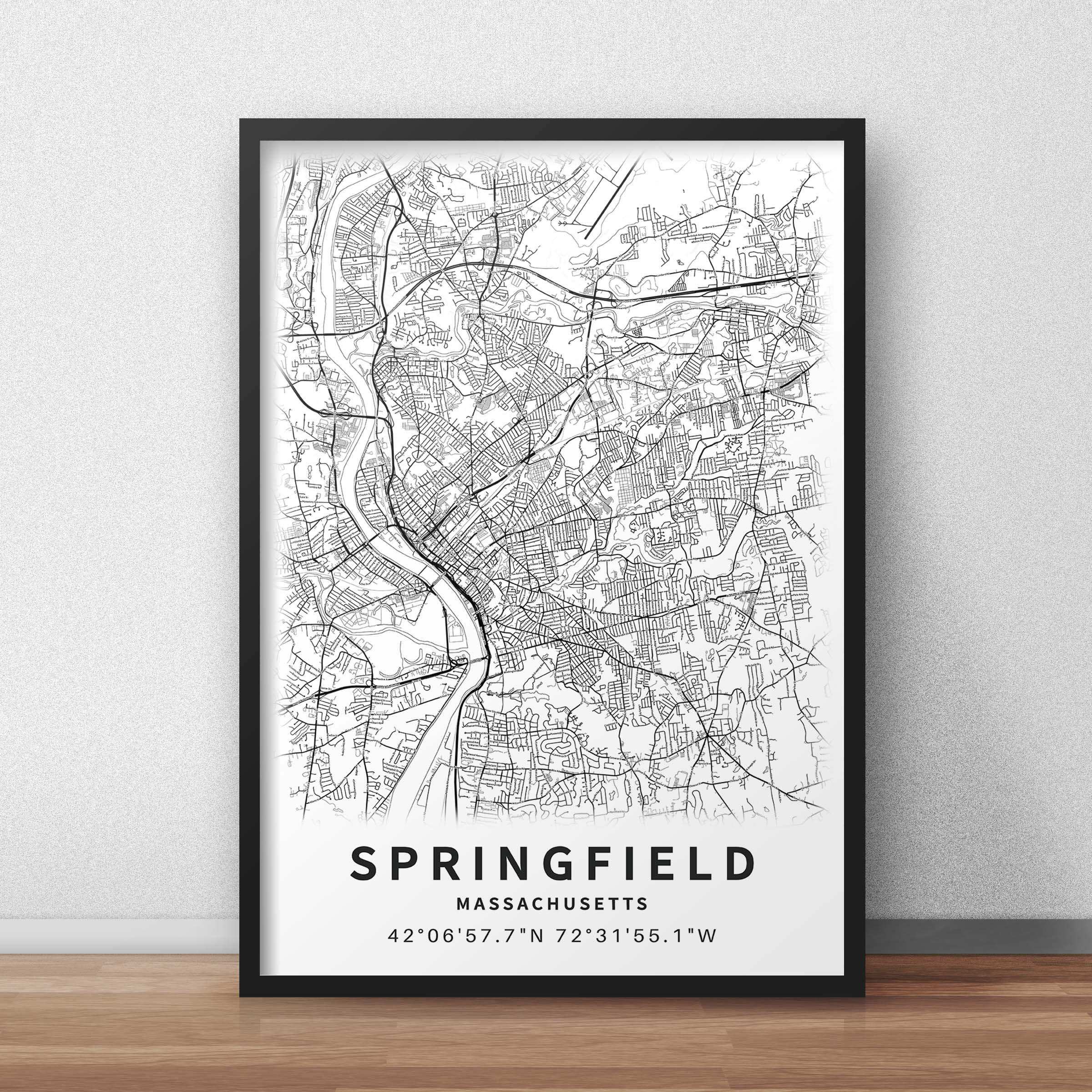 Printable Map of Springfield Massachusetts MA United States Etsy