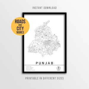 Póster del mapa de Punjab, India, mapa de carreteras imprimible con nombres de ciudades (descarga instantánea)