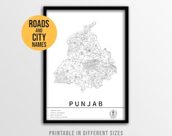 Póster del mapa de Punjab, India, mapa de carreteras imprimible con nombres de ciudades (descarga instantánea)