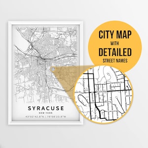 Mapa para impressão de Syracuse, Nova York, EUA com nomes de ruas - Download instantâneo \ Mapa da cidade \ Presente de viagem \ Cartaz da cidade \ Impressão de mapa de estradas