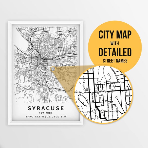 Printable Map of Syracuse, New York, USA with Street Names - Instant Download \ City Map \ Travel Gift \ City Poster \ Road Map Print