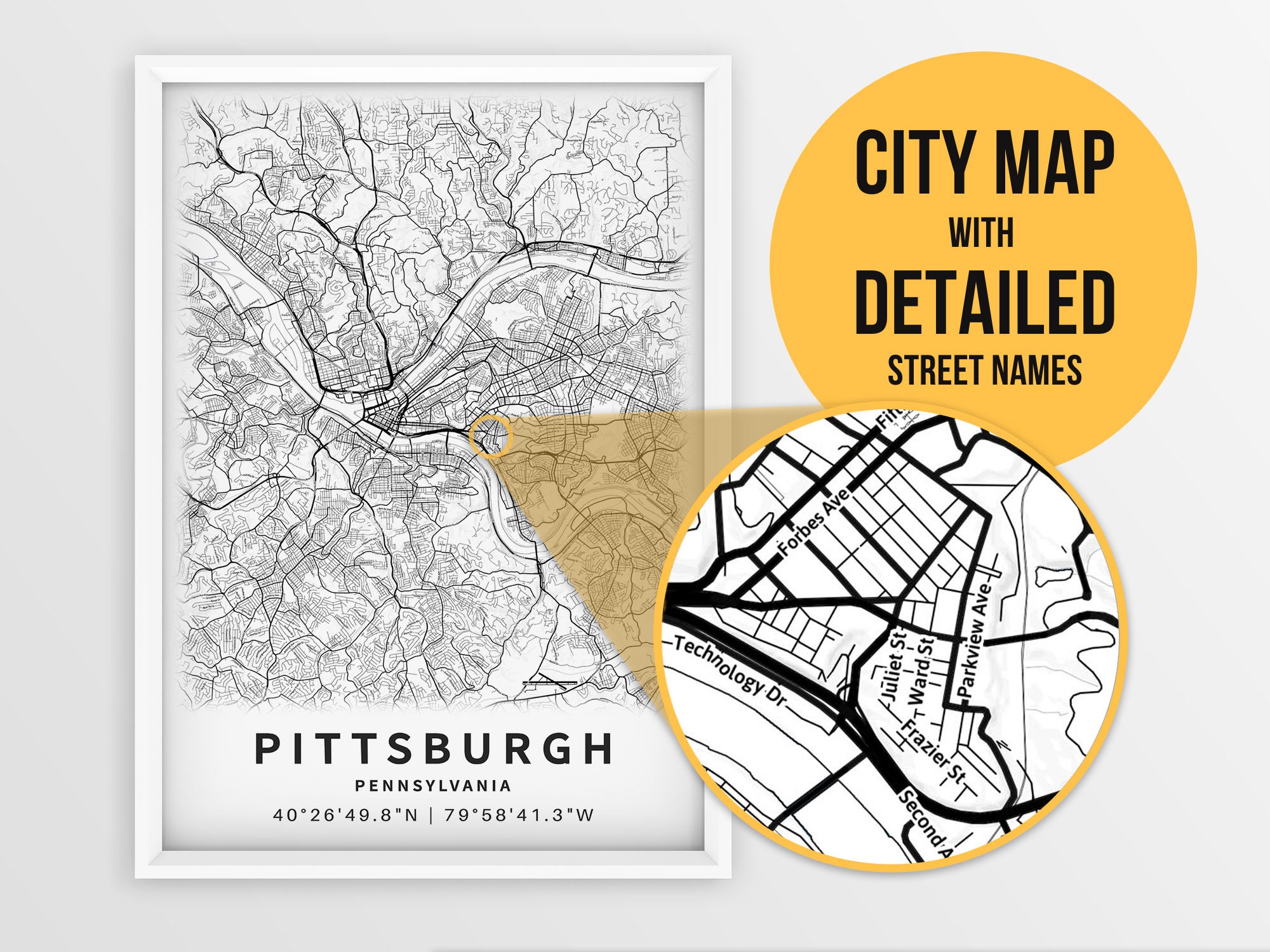 Printable Map of Pittsburgh Pennsylvania PA United States Etsy